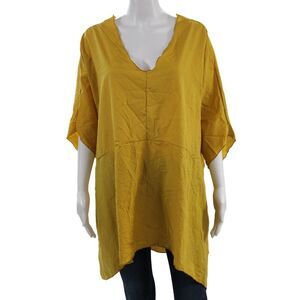 Noblu Women Tunic Bohemian Yellow V Neck Cotton Blend Batwing Dolman Size M